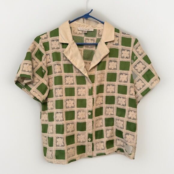Flat White By Anthropologie Green And White Checker Crochet Button-Up Top Sz L - Picture 1 of 5